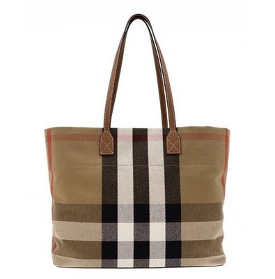 Burberry London Tote Check Taupe Brown Canvas New
