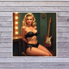 Pinup Girl Sticker Vinyl Decal Black Lace Guitar Room Retro Glam Pin Up Art