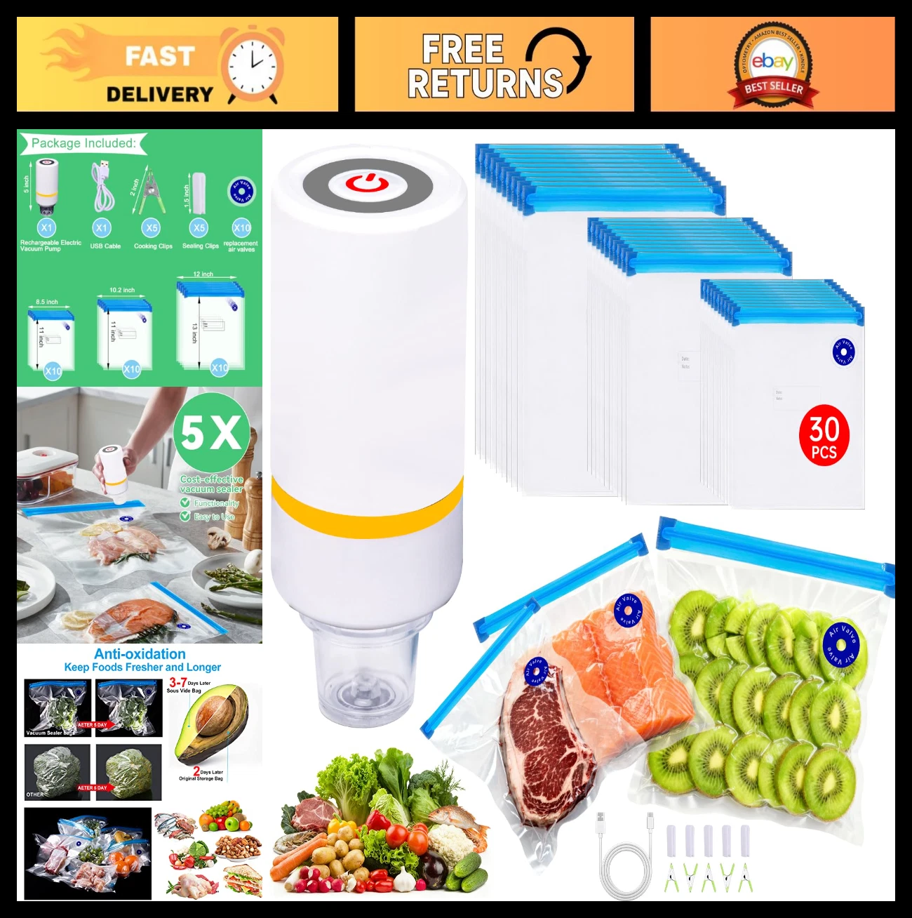 42 PCS Sous Vide Vacuum Sealer Set - 30 Reusable Bags, 5 Sealing Clips & Clips