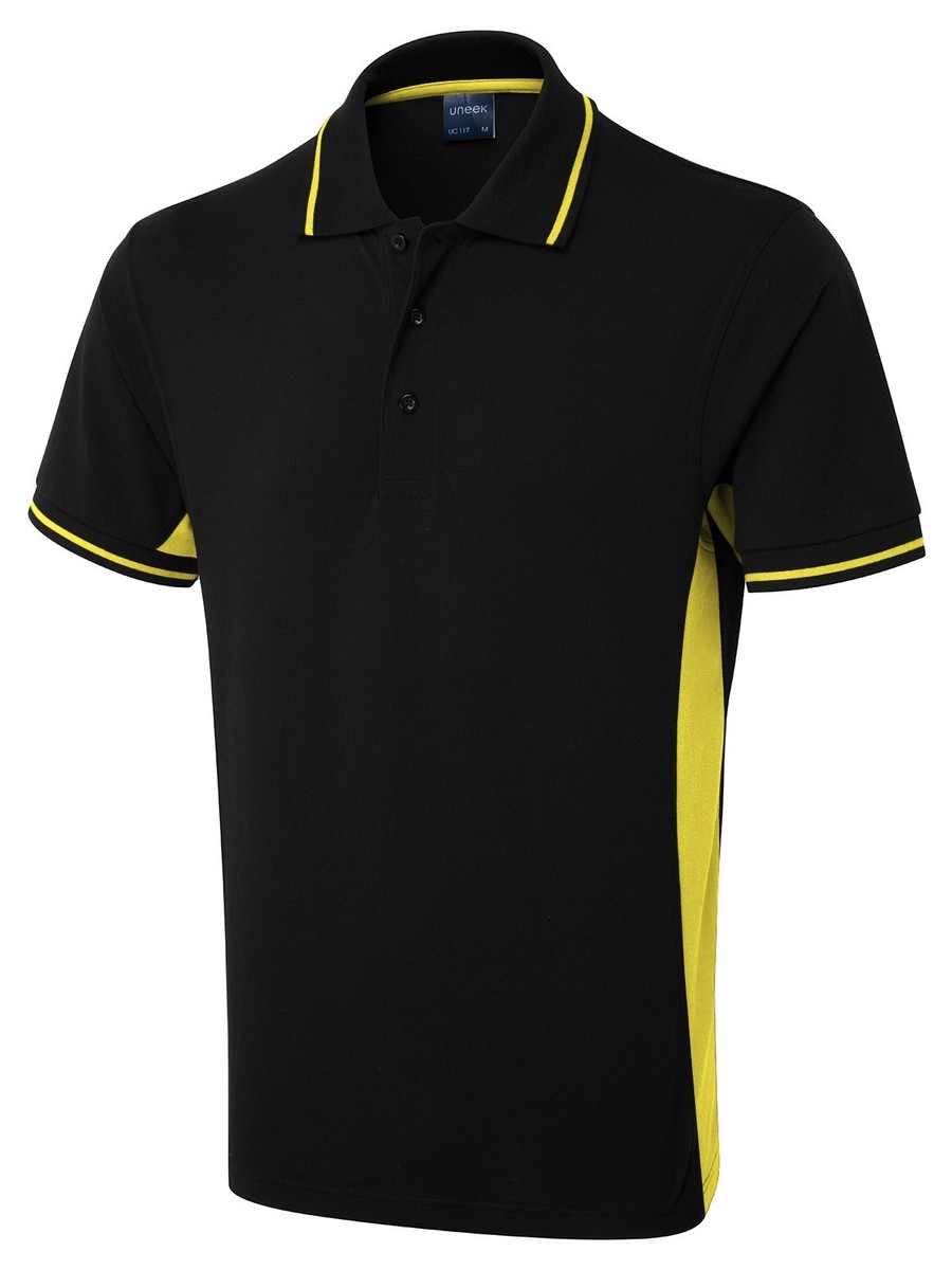 Men's Tipped Collar Polo Shirt Black Yellow Size XS- 4XL Sports