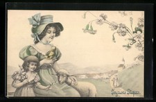 Cartolina d'artista V.K., Vienne n. 4024: ragazza con rami di salice e agnello 