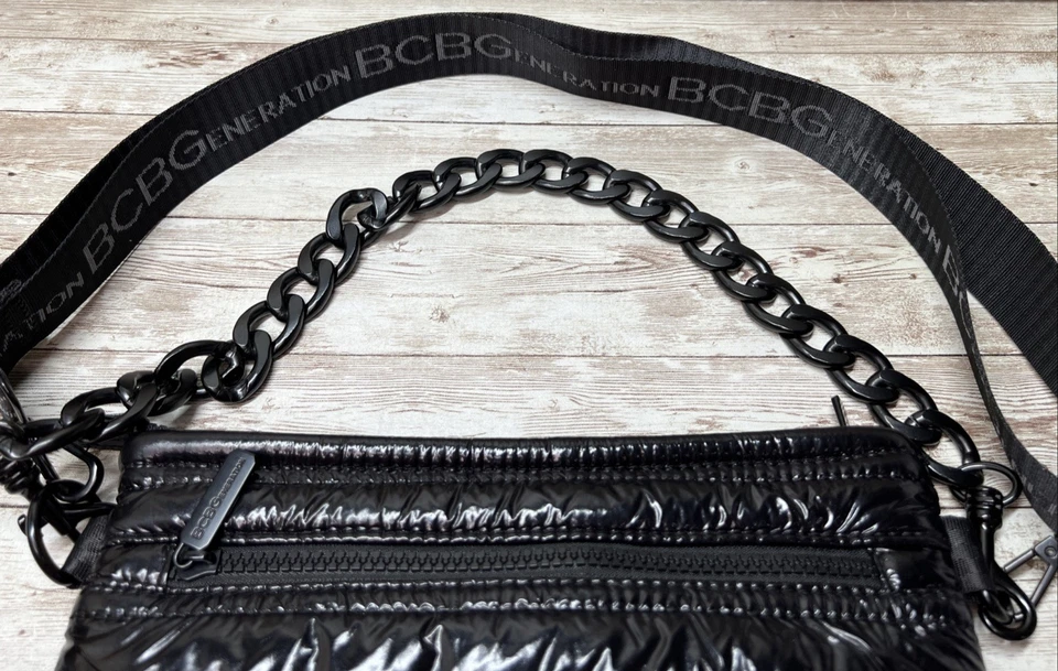 BCBGeneration Shiny Black Puffer Crossbody Bag Spellout Strap w/Chain Strap - Image 4 of 4