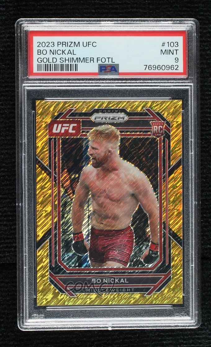 2023 Panini Prizm UFC FOTL Gold Shimmer Prizm 2/3 Bo Nickal #103 PSA 9 Rookie RC view 1