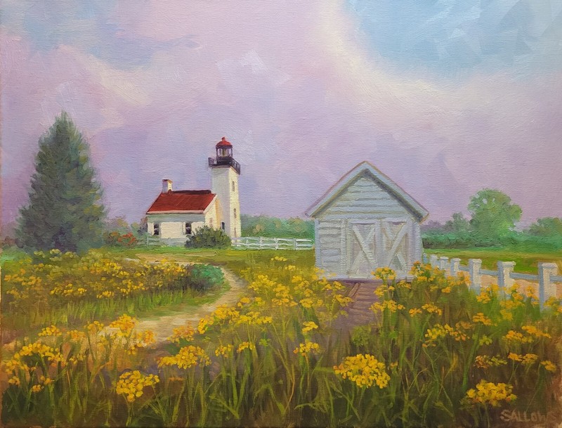 Michigan Landscape Escanaba Lighthouse Oil Painting Flowers Art Sallows 14x18