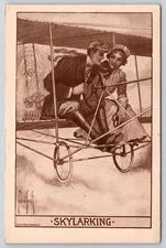 Skylarking Aviation Romance Couple Flying Bi-Plane 1913 Postcard A/S C. Smith