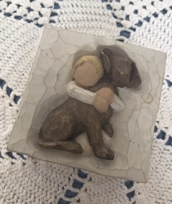 Vtg. Willow Tree 2004  Hug  Brown Lab W/His Boy 3  Trinket Box, A Boundless Love