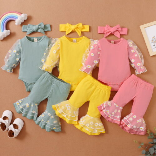 Newborn Baby Girls Floral Bodysuit Romper Pants Headband Outfits Clothes Set US
