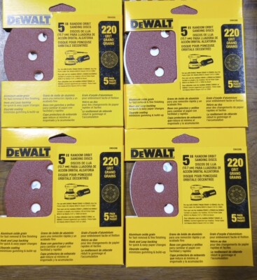 (4) packs of DEWALT DW4306 5-Inch 8 Hole 220 Grit Hook and Loop 5-Pack x 4 (20)