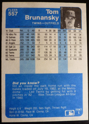 1984 Fleer Tom Brunansky #557, VG/EX Minnesota Twins | eBay
