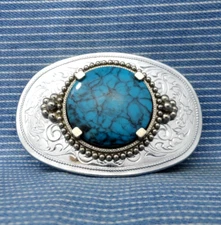 Western Belt Buckle Cowboy Blue Mount Cowgirl Floral Scroll Vtg 80s      .GTA441