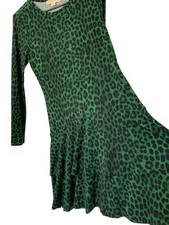 Michael Kors Dress Green Small Cheetah Print Tiered Drop Waist Long Sleeve