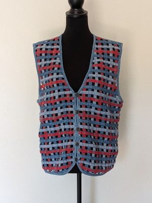 Koret City Blues Women's L Sleeveless Button Front Woven Plaid Vest Blue Red