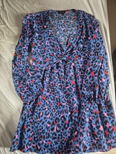 New Look Wrap Dress UK 14 Blue Leopard Animal Print V-Neck Long Sleeve Short