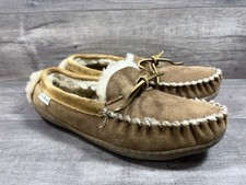 LL Bean Wicked Good Moccasin Brown Leather Slippers Shearling Mens Size 9M DESCR
