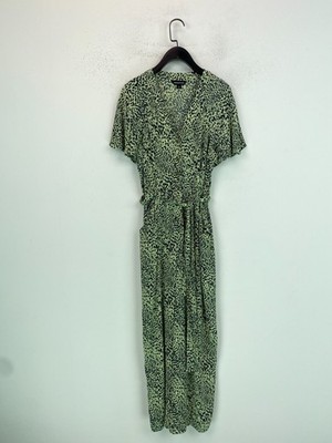 Whistles Green Animal Print Jumpsuit Short Sleeve V-Neck Tie Waist