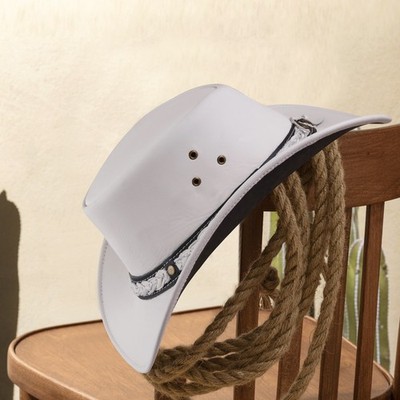 White Genuine Leather Cowboy Hat Western Style Unisex Wide Brim