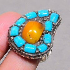 Yellow Coral Tibetan Turquoise Handmade Nepali Jewelry Adjustable Ring SR 3412