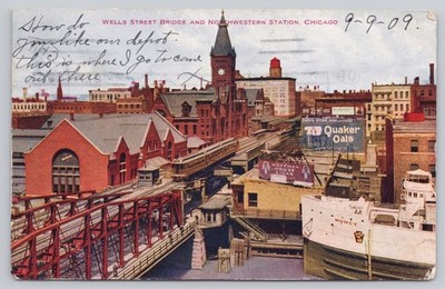 1909 Wells Street Bridge & Northwestern Station Chicago Vintage Postcard