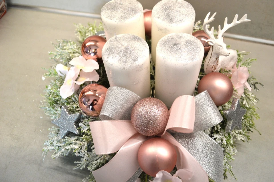 Adventskranz rosa weiß silber 35 cm künstlich Weihnachten Adventsgesteck Deko - Bild 3 von 3