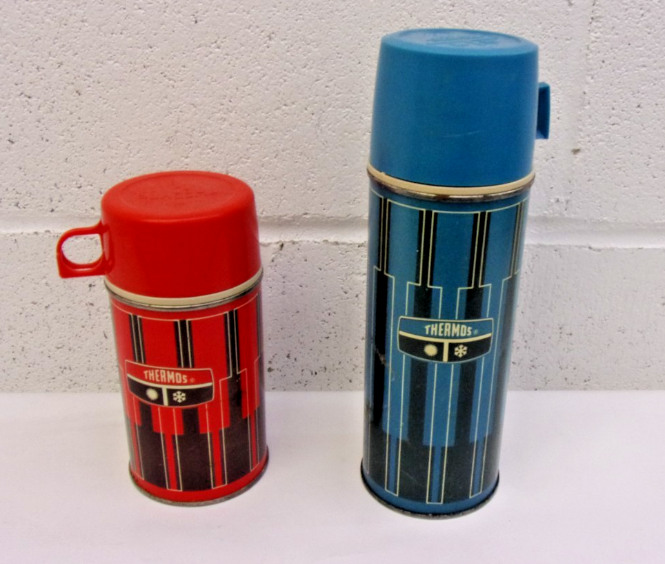 2) Vintage Thermos brand vacuum flasks with piano key design