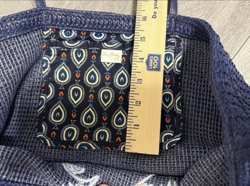 Vera Bradley Large Straw Tote Bag Purse Navy Blue Palm Tree Design Travel Beach - Bild 13 von 14