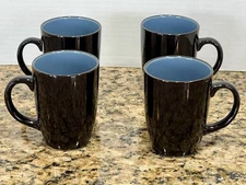 4pc Thomson Pottery Baja Blue & Black Stoneware 4.25” H Coffee Mugs EC