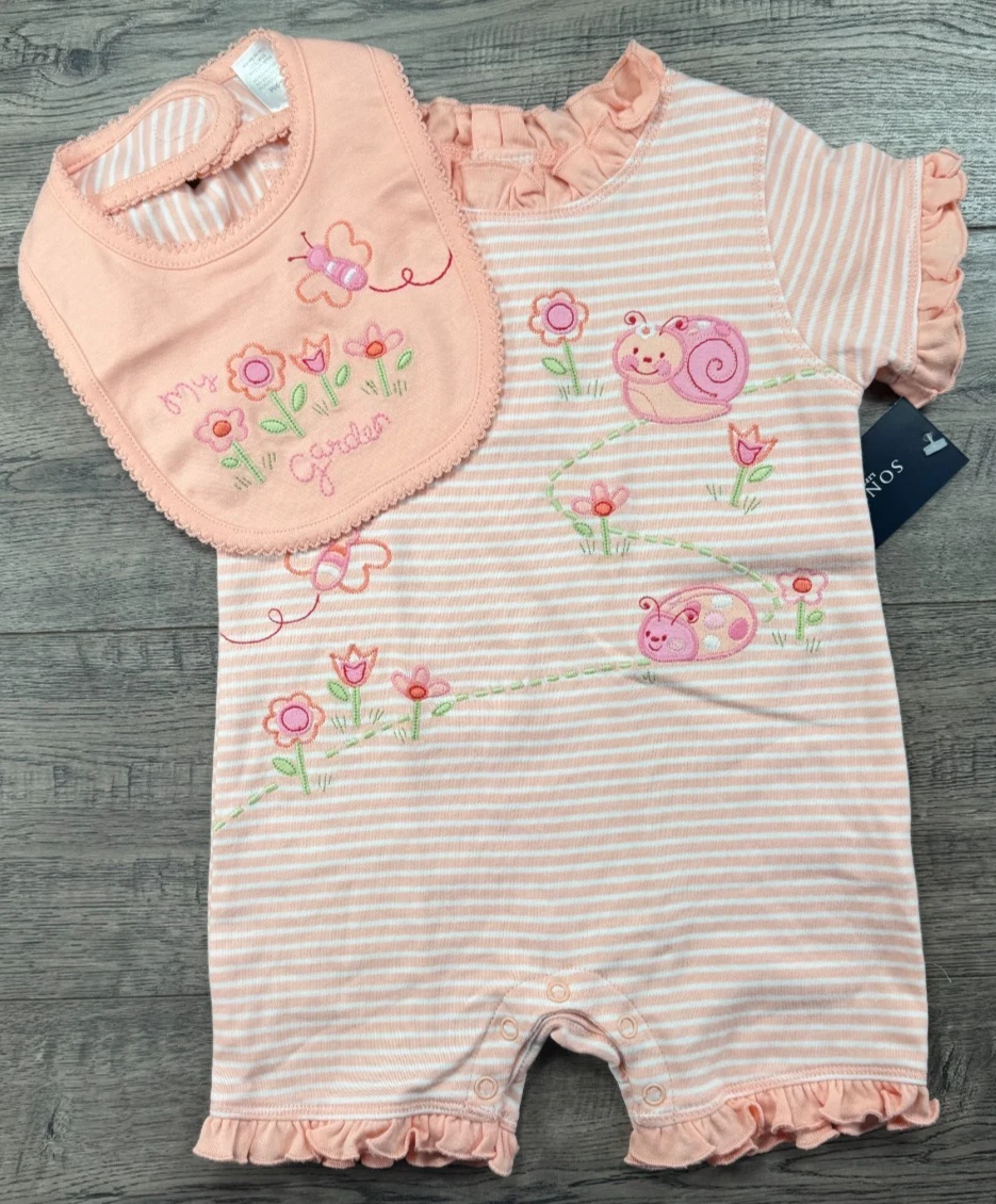 Baby Girl Clothes New Sonoma 6-9 Month 2pc Peach My Garden Romper Outfit & Bib