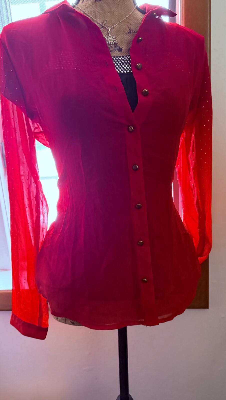 Notations Sheer, Red Studded Button-Up Blouse,  S… - image 22