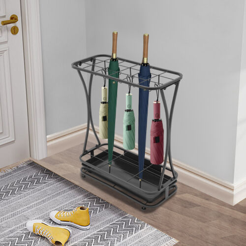 Metall Schirmhalter Ständer Rack Organizer + Abtropfschale (18 Fächer 20 Haken) schwarz - Bild 24 von 24