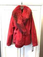 Ladies' Suede Coat With Real Fox Collar, Red, Asian Size Xxxl, Uk 14/16, New