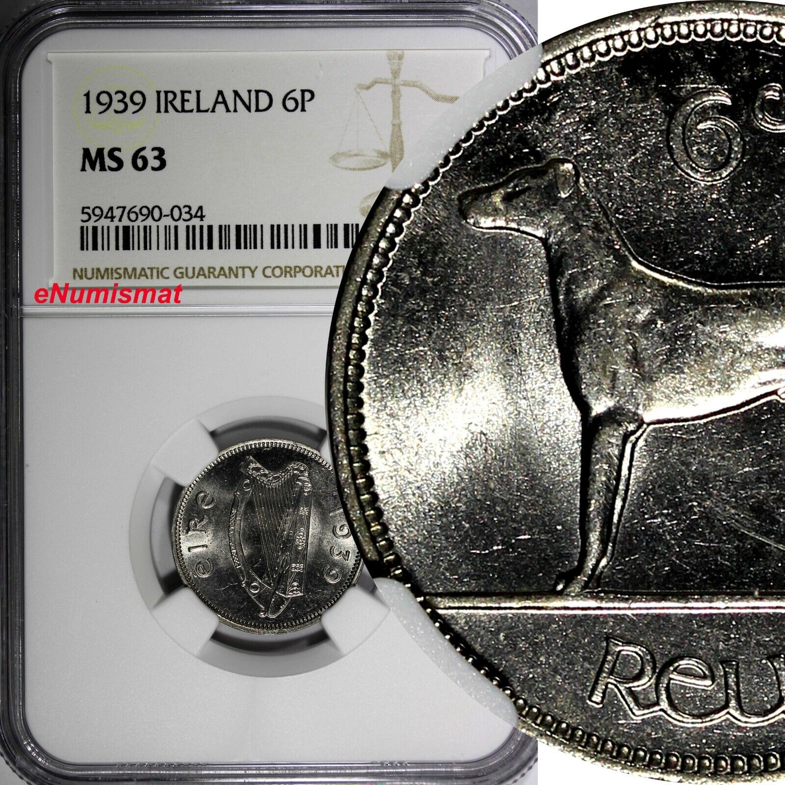 IRELAND Republic 1939 6 Pence NGC MS63 2 YEARS TYPE Irish Wolfho