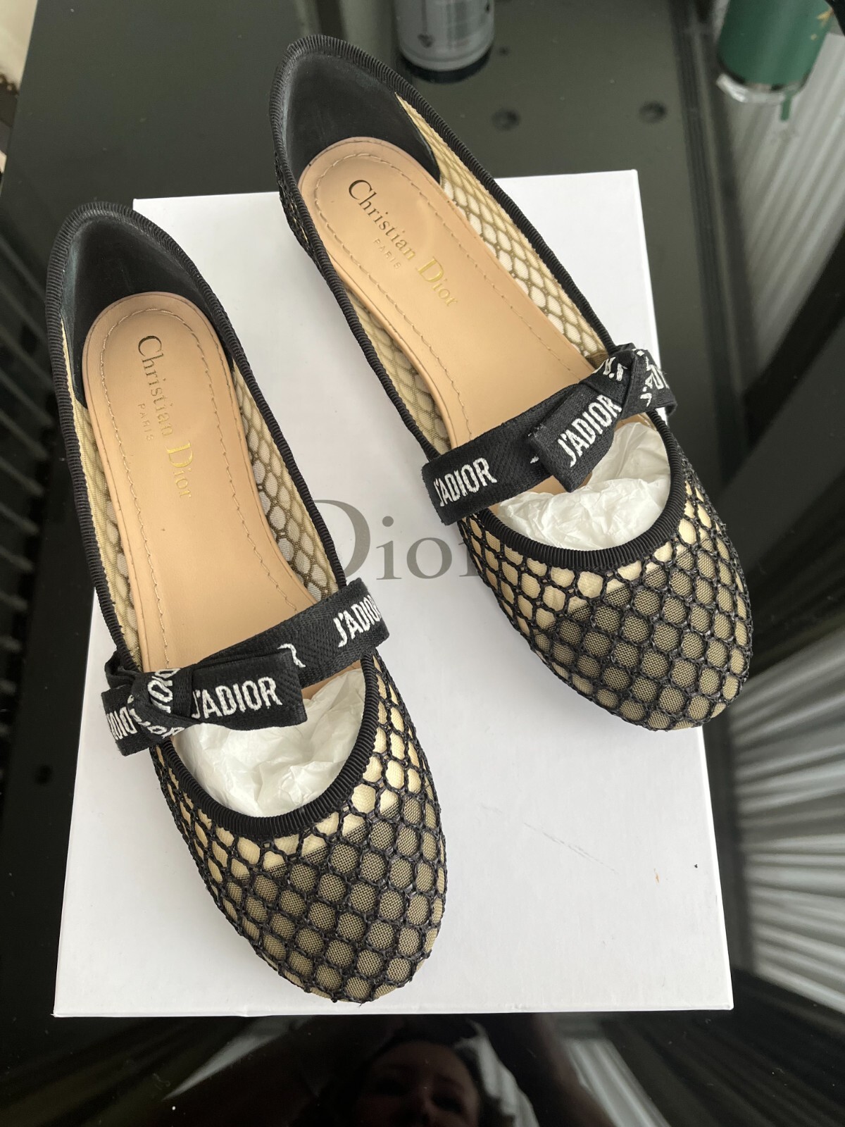 Barely worn Dior J’adior black mesh ballet flats, size 37.5 EU or 4.5 UK