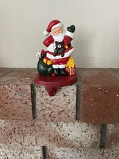 VTG Cast Iron Santa Claus Waiving w Teddy Bear  Toy Sack Stocking Hanger GUC
