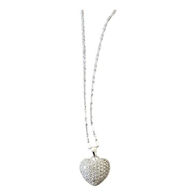 Jacmel Mauritius JCM Italy 925 SS CZ Pave Heart Pendant Necklace 18'' Adj 2-sided