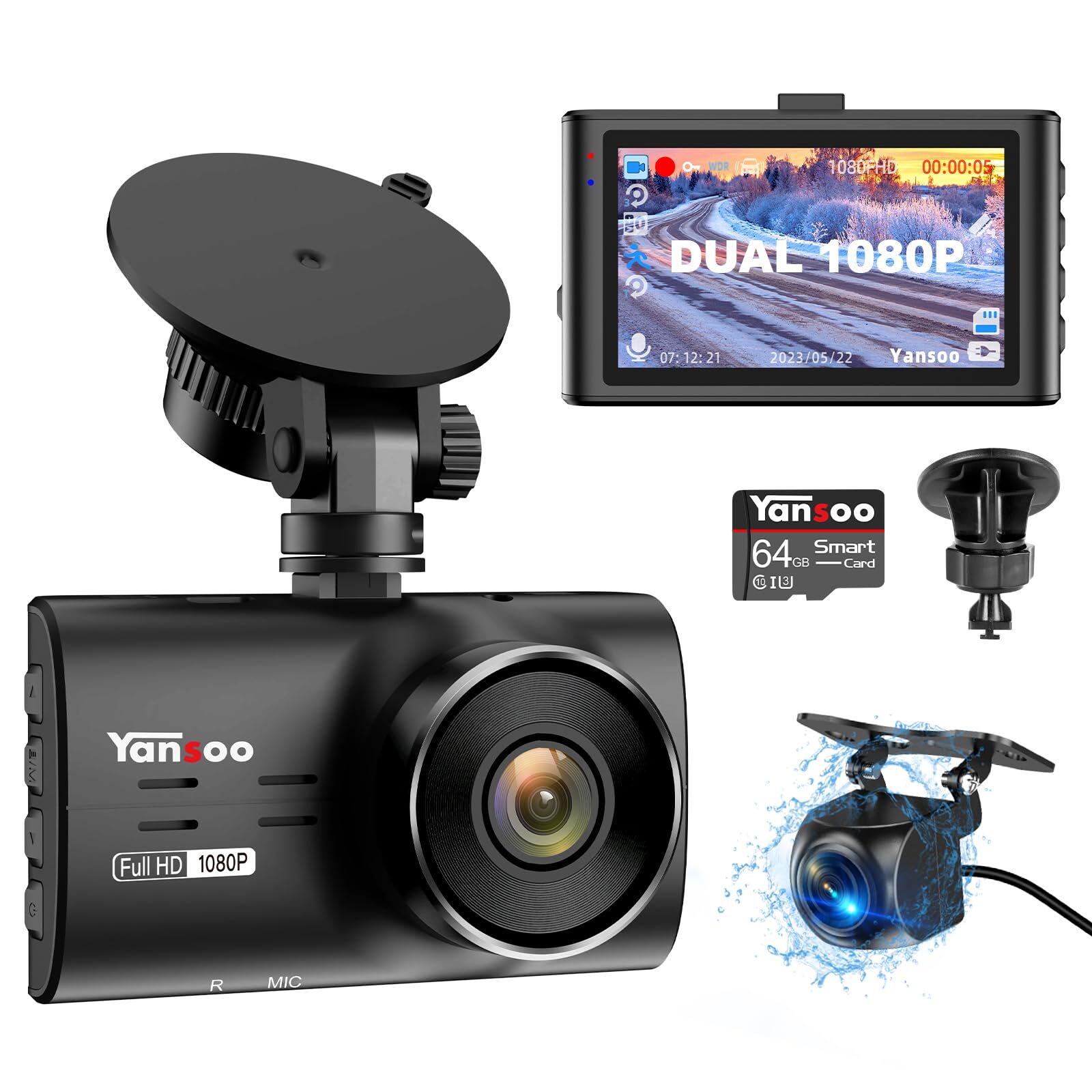 Dual 1080p Dash Cam Front and Rear with 64GB Card for Cars and 2 Suction Mounts-image