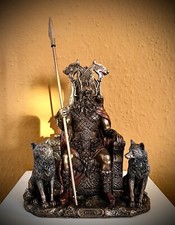 Odin Germanischer Gott  auf Thron mit Wölfen Geri Freki Figur Wikinger Bronziert