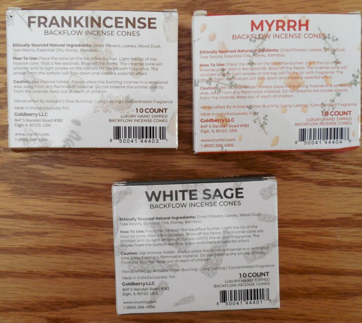 NEW  Lot of 3 TRUMIRI 10 Count Backflow Incense Cones: Frankincense*Myrrh*Sage