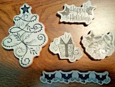 lot 5 Rubber Cling Stamps HAPPY HOLIDAYS CHRISTMAS TREE PRESENT BELLS HOLLY
