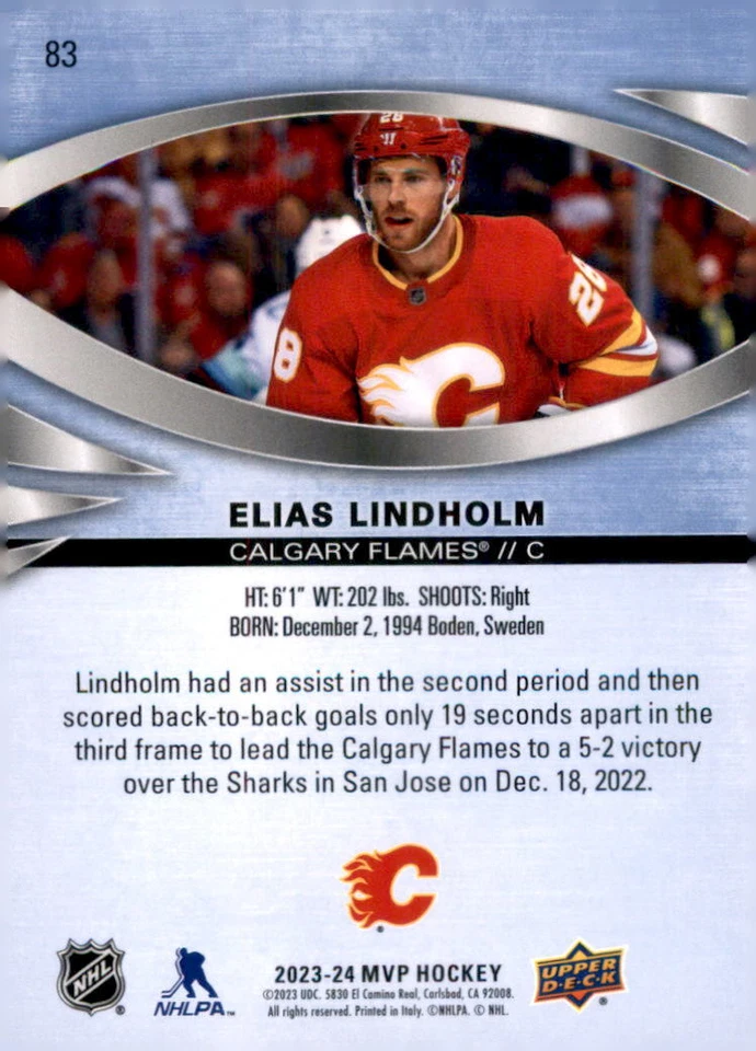 2023-24 Upper Deck MVP #83 Elias Lindholm - Image 2 of 2