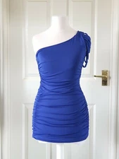 Royal Blue Bodycon Dress One-Shoulder Summer Cocktail Party Women UK Small