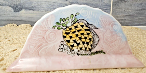 Servilletero de gres de cerámica mexicana pintado a mano firmado rosa pastel - Imagen 2 de 4