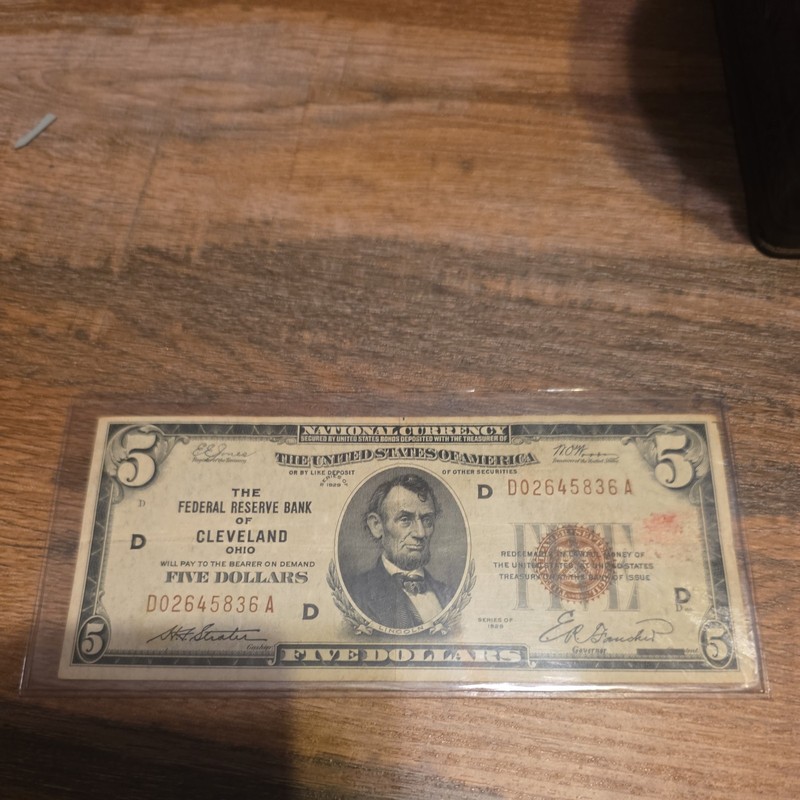 1929 $5 National Currency Federal Reserve Bank of Cleveland Banknote 