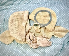 Vtg MCM 1950s Handmade Baby Infant Bonnets Leather Booties Scarf Cap Hat Set