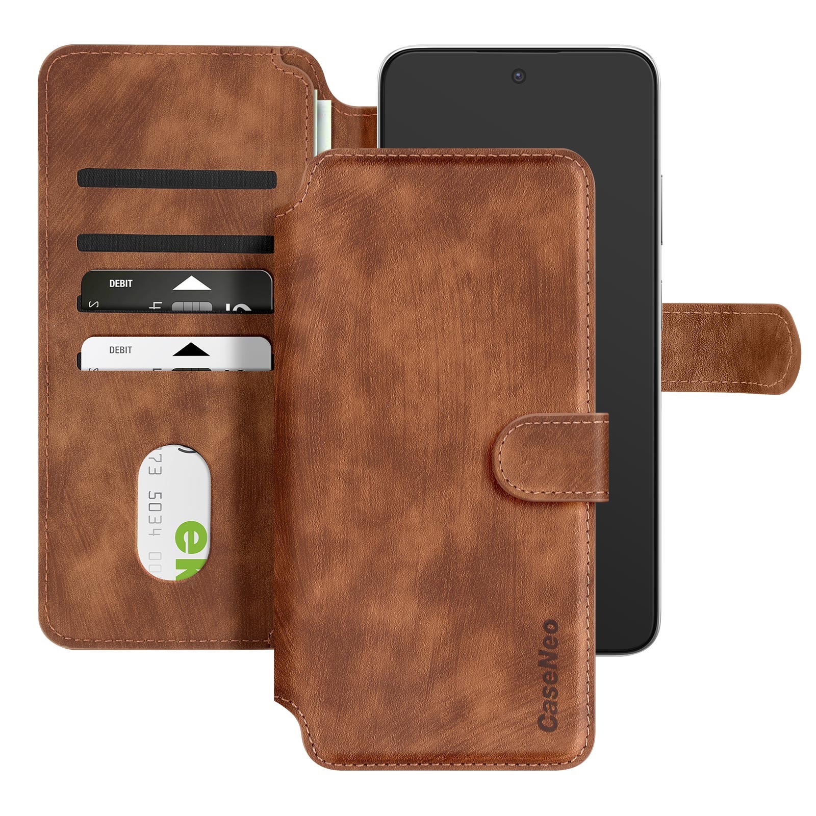 Étui pour smartphone 6.1 pouces marron foncé en similicuir texturé style portefeuille