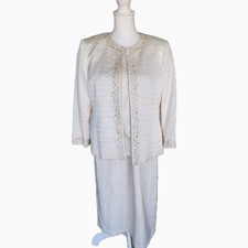 Vintage Kasper 3pc Skirt Suit Womens 10 Cream Jacket Shell Skirt Beading Wedding