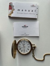 Tissot Savonnette Quartz Pocket Watch w/ Chain, Box   Gold Tone Swiss