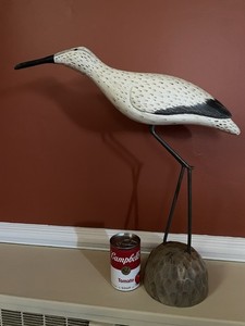 LARGE 19.5" x 17" HAND CARVED & PAINTED WOOD METAL-LEG MOUNTED EGRET SHOREBIRD