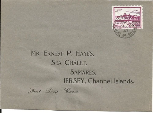 Jersey, FDC, 1943, to Samares, grey envelope.  purple 3d