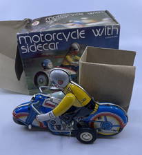 Vintage Tin Wind Up Motorcycle Sidecar Toy w Box Colorful Clockwork Works