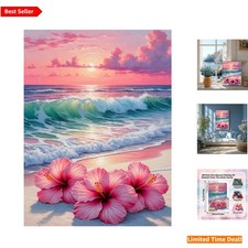 Flowers Diamond Art 5D DIY Kit - Relaxing Beach Scene for Home Decor 12x16